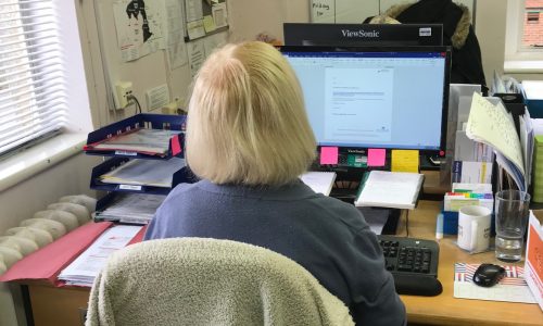 older woman working at PC