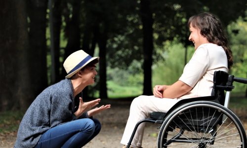 Wheelchair user and companion laughing