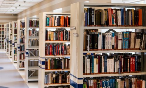 Books on a shelf in a library