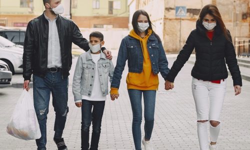 Family in street in masks