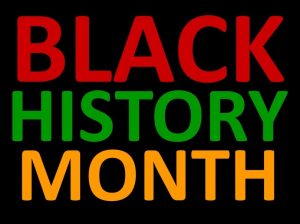 black history month logo in red, green and orange lettering