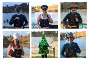 6 photos of a woman wild swimming in a novelty hat