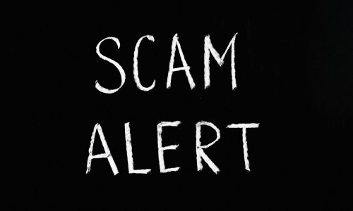 black board with words scam alert