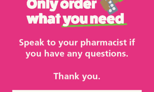 Graphic on pink background saying only order the medicines you need with hand holding medicine packet