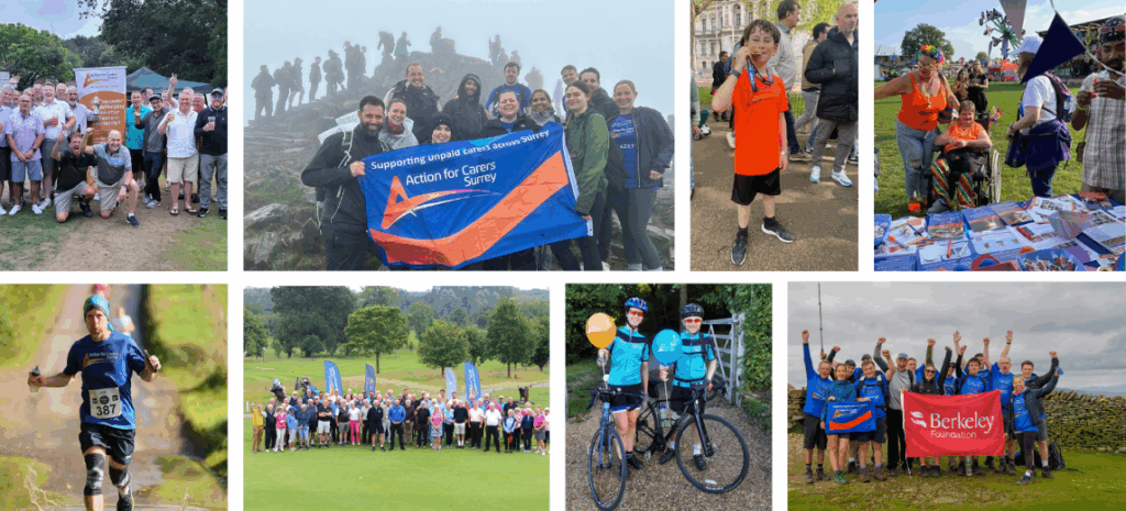 Photos showing past fundraising activities for Action for Carers including golf club days, mountain climbs and running events.
