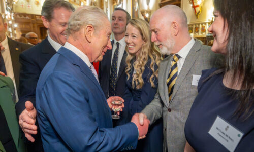 King Charles meets carers charities including Action for Carers at Windsor Castle event - shows king shaking hands with CEO Tim Bevans