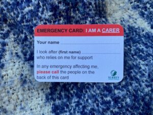 Surreys In Case of Emergency ICE card for unpaid carers which is a small white card to keep in your purse or wallet
