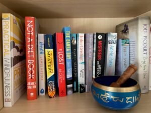 Books on a book shelf with a blue pot in front.