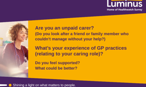 Slide with text about the survey into unapid carers experiences of Surrey GPs